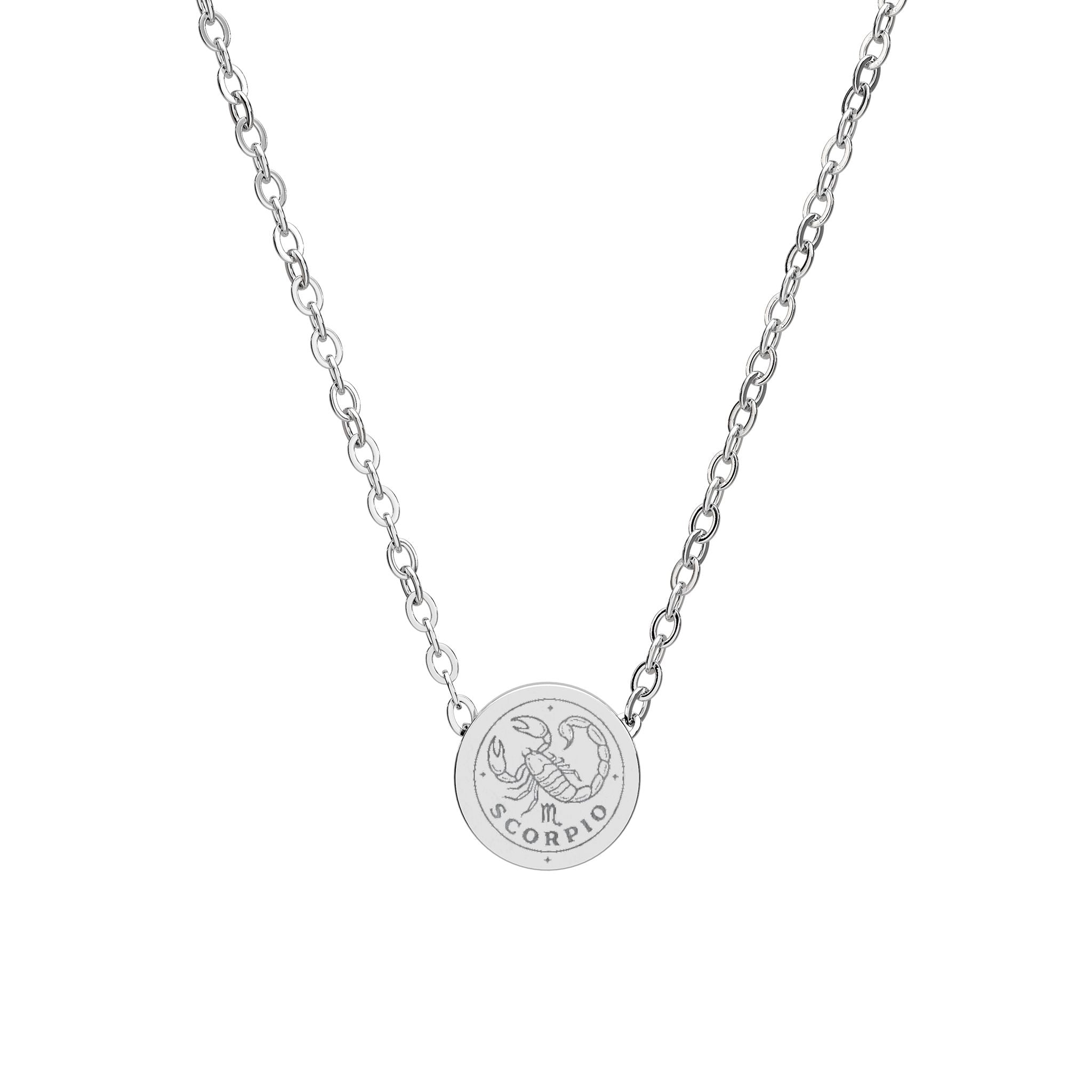 Scorpio Mini Circle Necklace — Engraved Zodiac Pendant