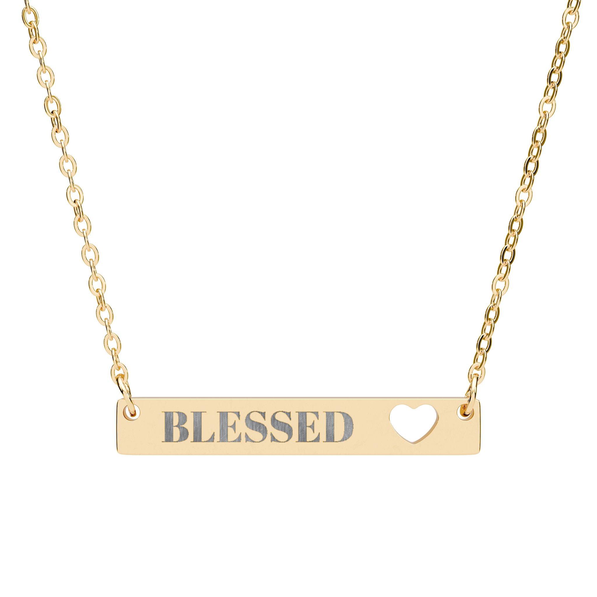 Bar Necklace — "Blessed" Cutout Heart Engraved Pendant