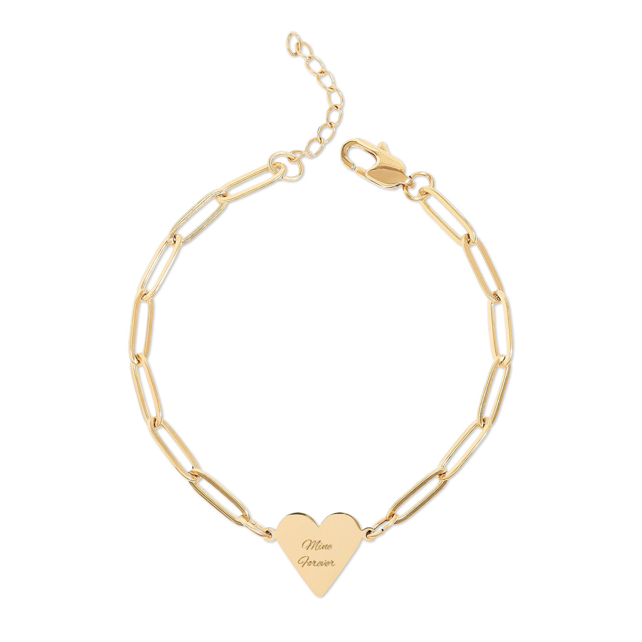 Engravable Paperclip Heart Bracelet — Personalized Gold or Rose Pendant