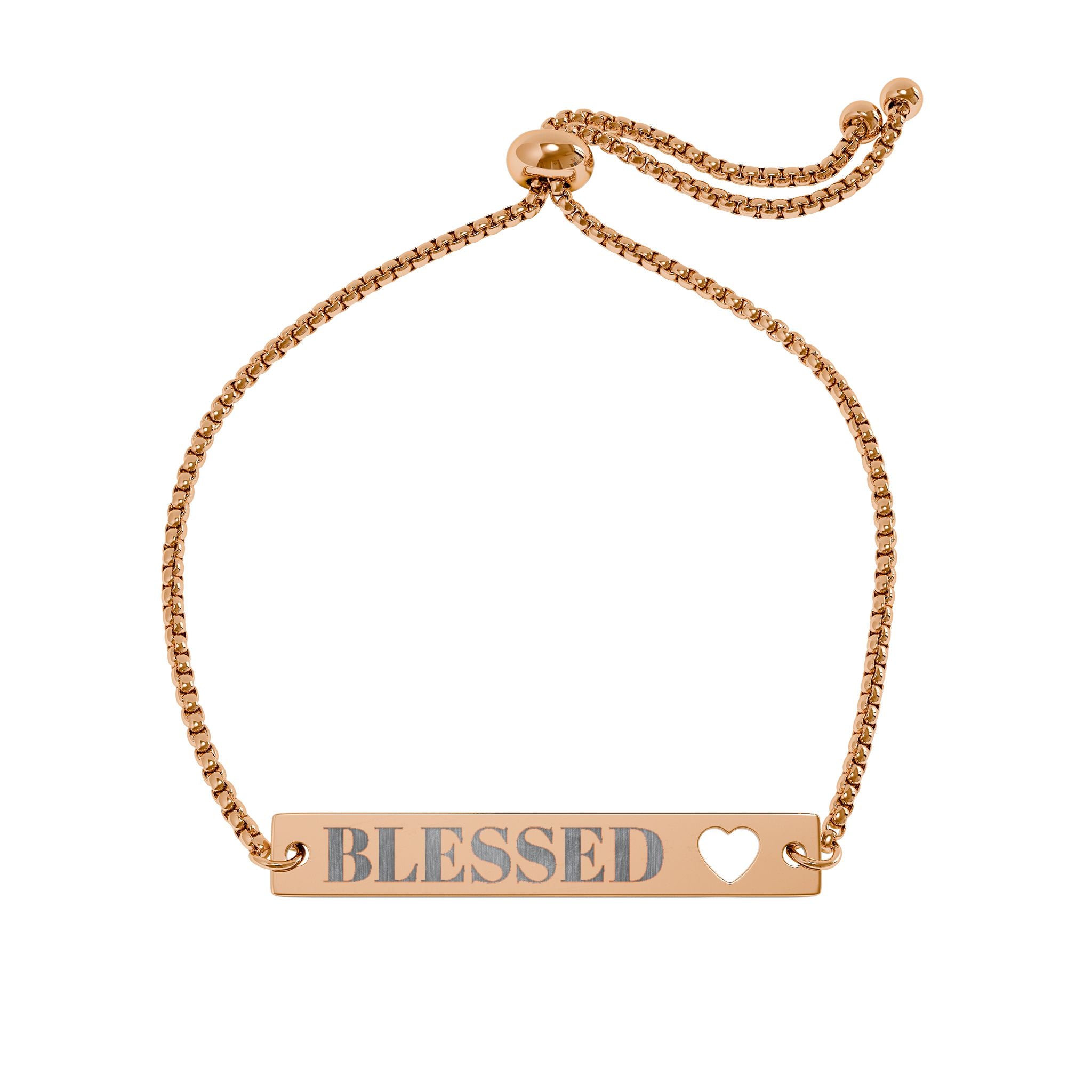 Engravable 'BLESSED' Heart Bar Bracelet — Adjustable Gold/Rose Gold