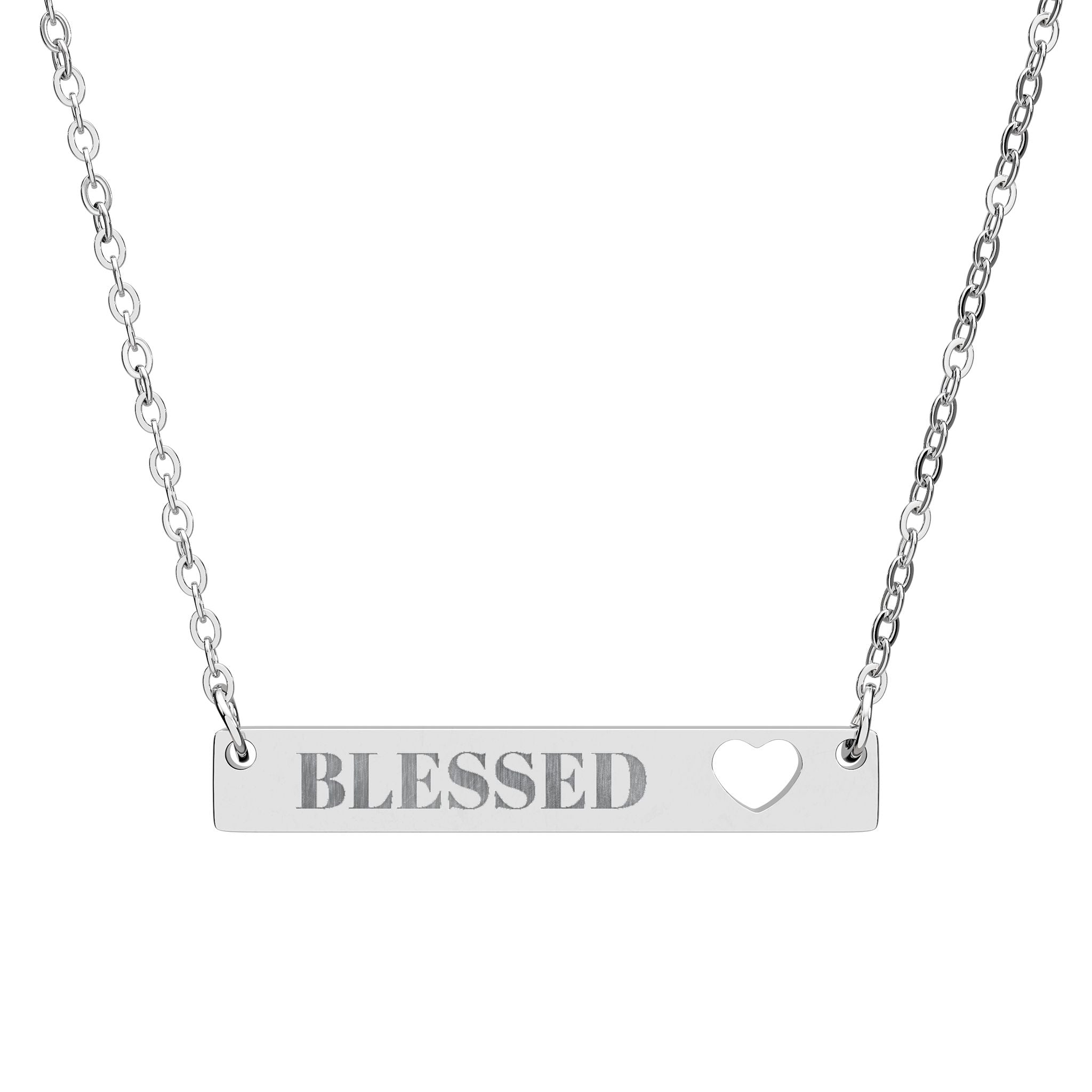 Bar Necklace — "Blessed" Cutout Heart Engraved Pendant