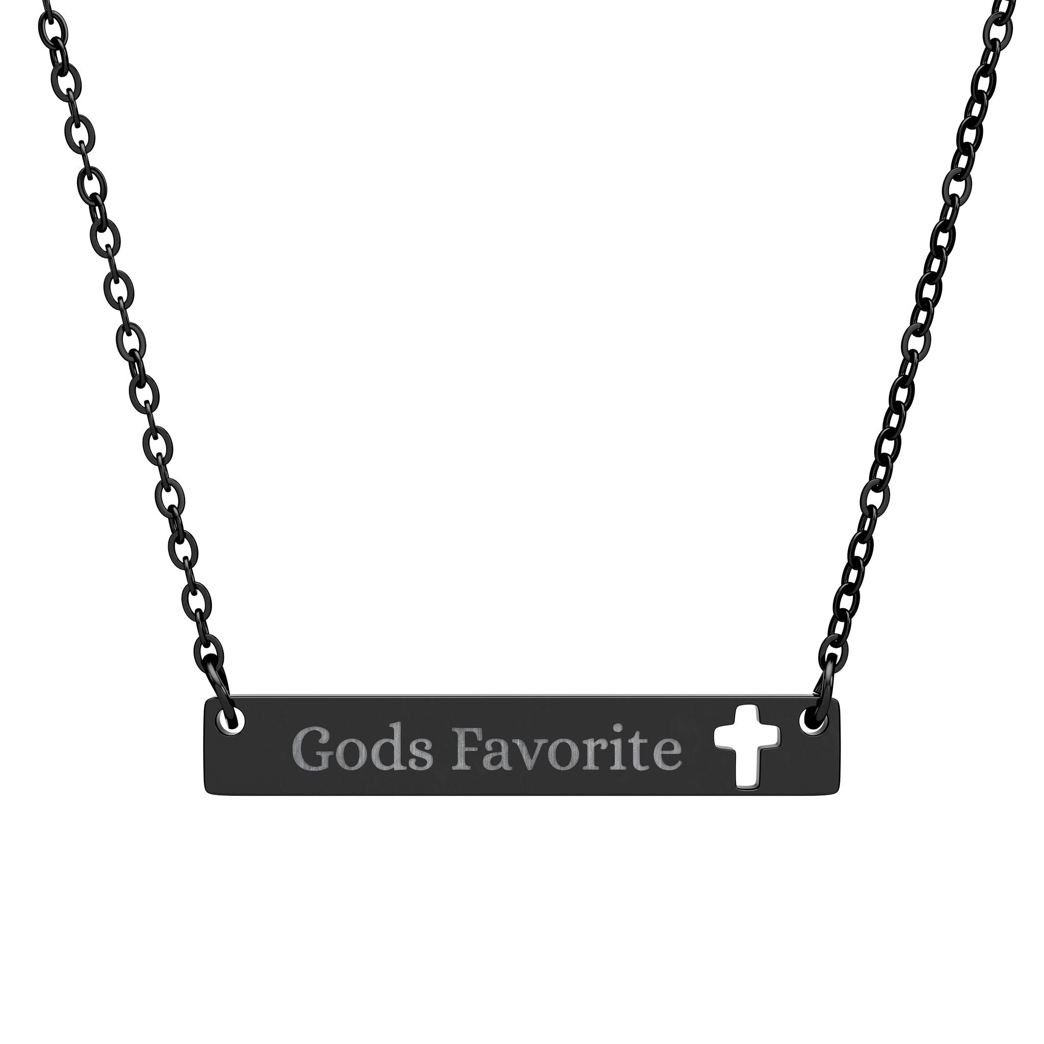 Cutout Cross Bar Necklace "God's Favorite" – Engraved Religious Pendant