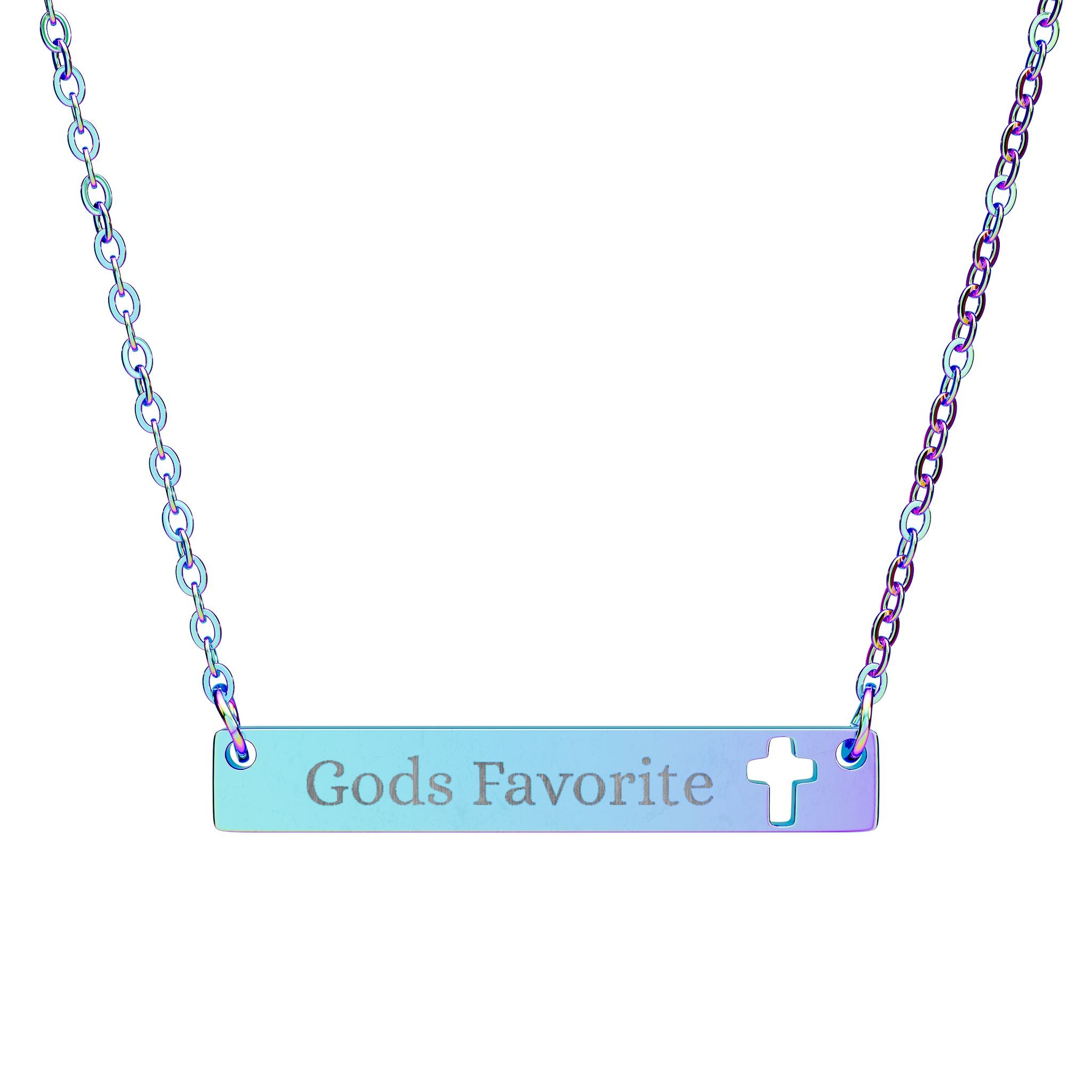 Cutout Cross Bar Necklace "God's Favorite" – Engraved Religious Pendant