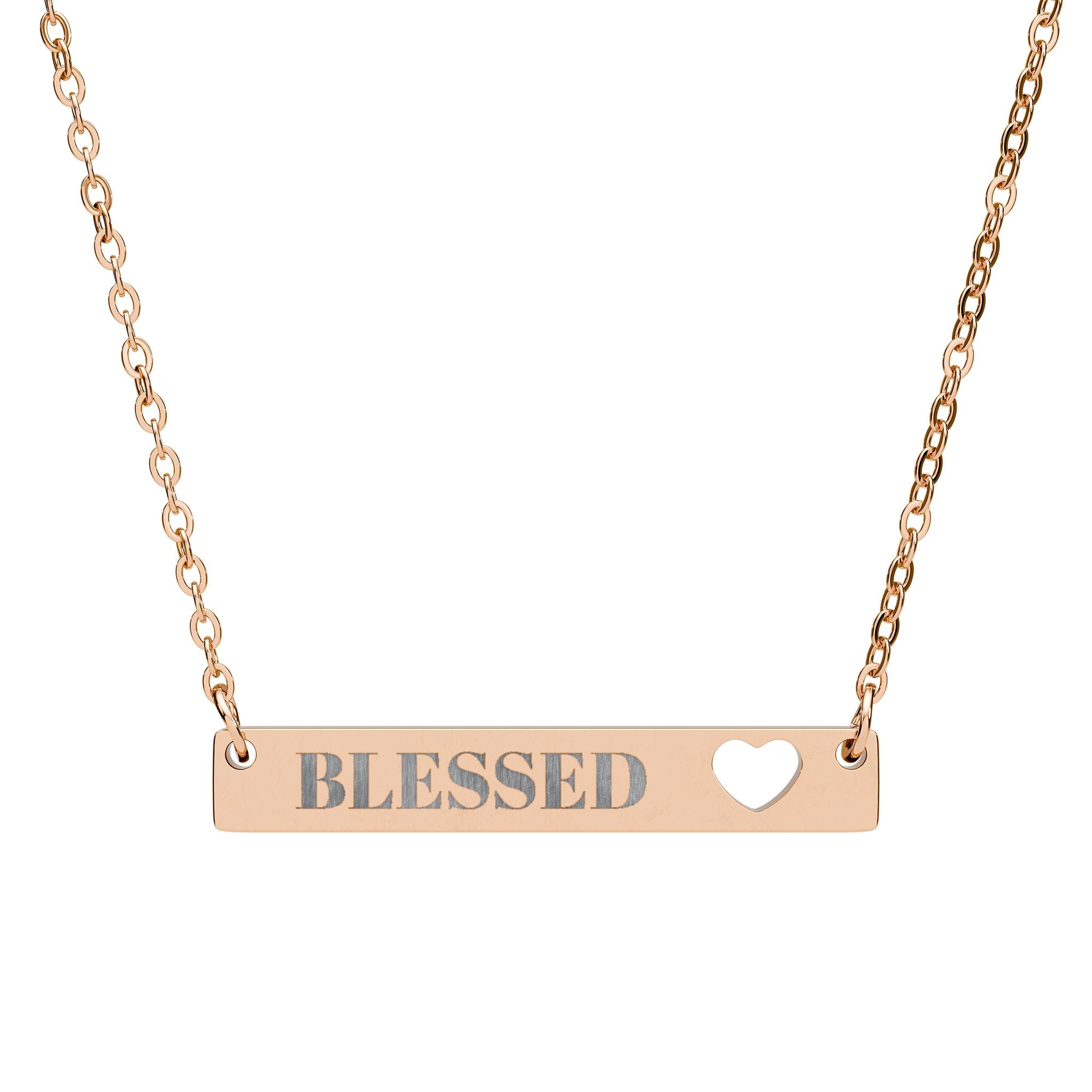 Bar Necklace — "Blessed" Cutout Heart Engraved Pendant