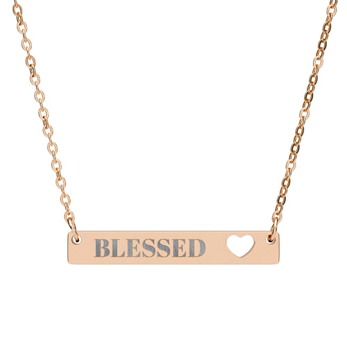 Bar Necklace — "Blessed" Cutout Heart Engraved Pendant