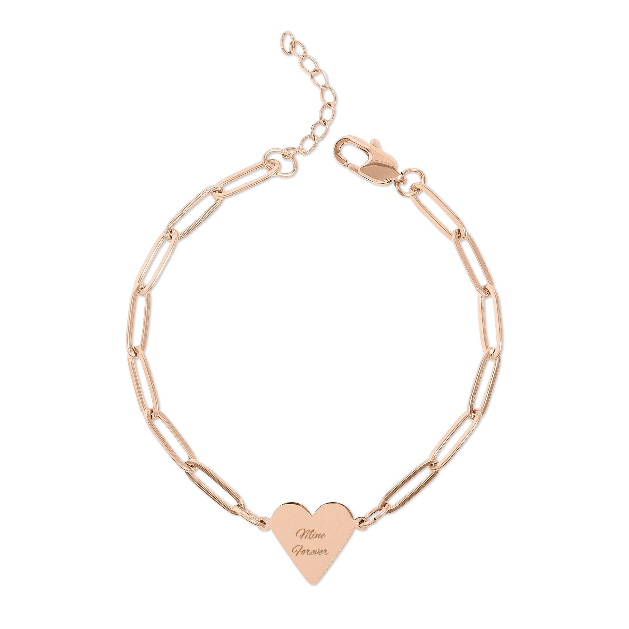 Engravable Paperclip Heart Bracelet — Personalized Gold or Rose Pendant